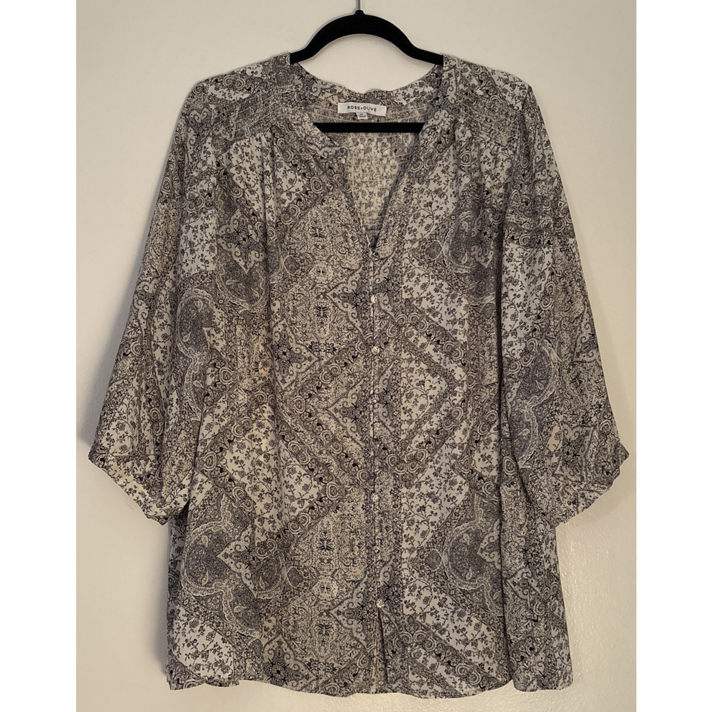 Rose + Olive Womens 1X Blouse Sheer Chiffon V-Neck Pleated Button Top 3/4 Sleeve